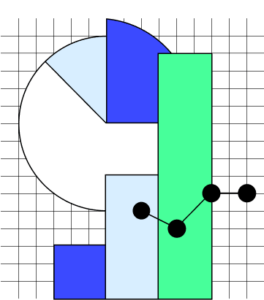 illustrazione di una serie di grafici in crescita in bianco, nero, verde chiaro, azzurro e blu