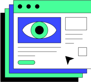 Increased visibility: illustration of an eye on a web page in white, black, light green and blue