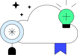 Increased online presence: illustration of a cloud, a light bulb and a magnifying glass in white, black, light green, light blue and blue