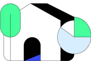 Illustration of a house with a tree in white, black, light green, light blue and blue