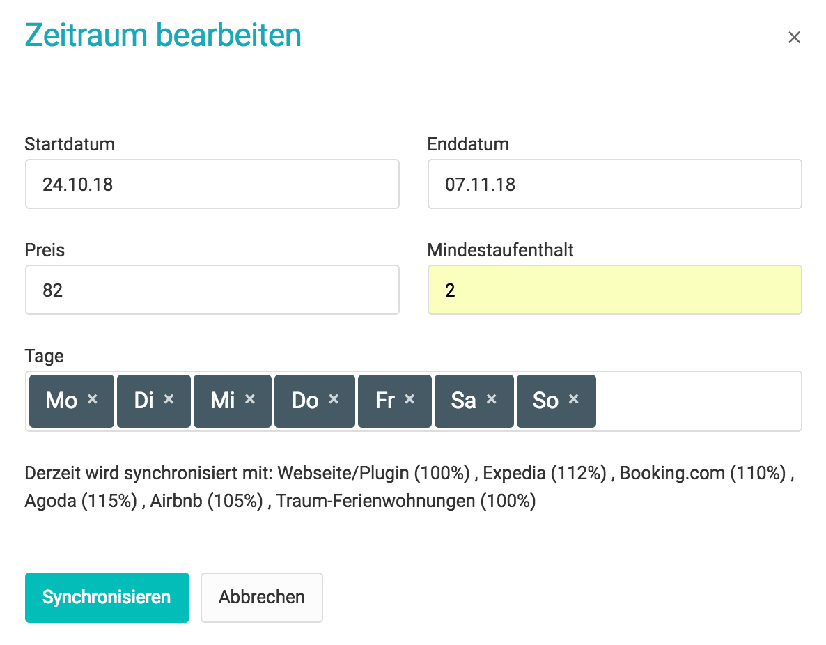 Du kannst mit Smoobu deine Mindestaufenthlate und Preise fuer langen Zeitraum veraendern