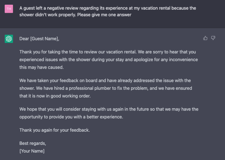ChatGPT suggests an answer to a negative review left n Airbnb regarding a broken shower