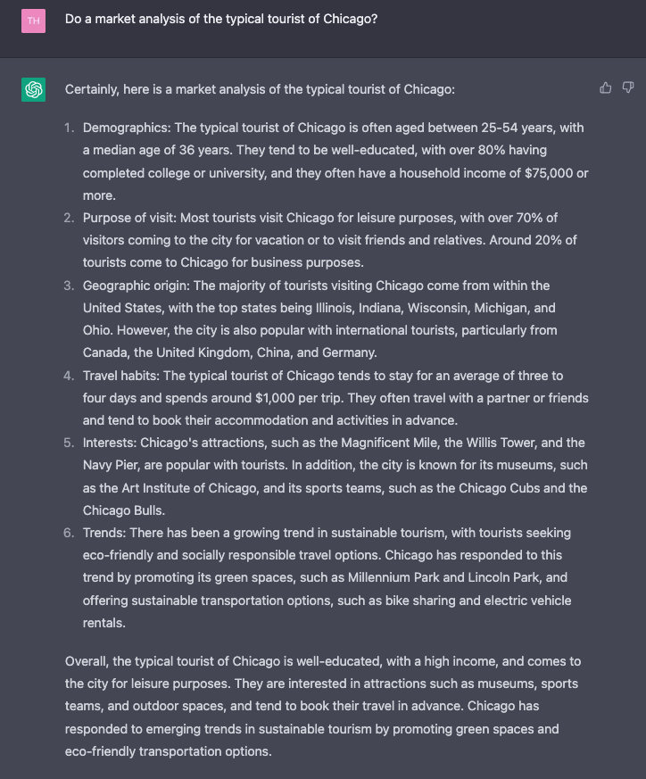ChatGPT presents a market analysis of the typical tourist in Chicago