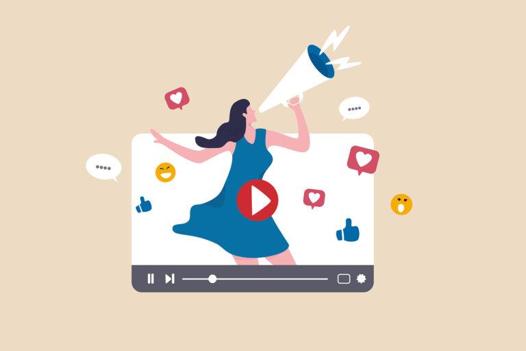 Illustrazione di video marketing: una donna con un microfono esce da una pagina del computer, attorno a lei likes ed emoji