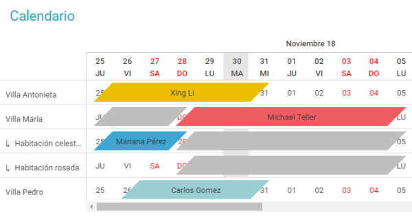 Vista calendario con propiedad completa y subunidades