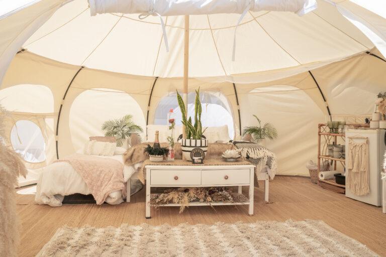 Esempio di glamping: tenda spaziosa con letto matrimoniale, tavolino con una pianta e una bottiglia di Prosecco, tappeti morbidi, cuscini, un frigo e molte altre comodità