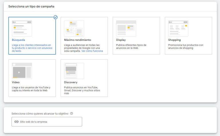 Paso 2: elegir el tipo de campaña en Google Ads