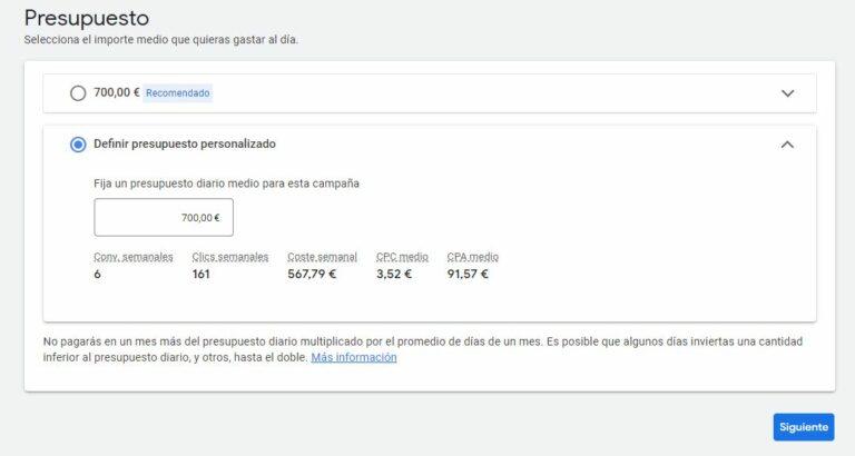 Paso 5: define el presupuesto para tus campañas de Google Ads