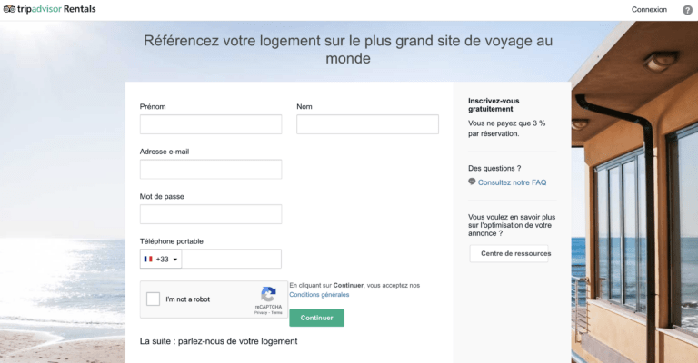 Formulaire d'inscription Tripadvisor propriétaire location saisonnière