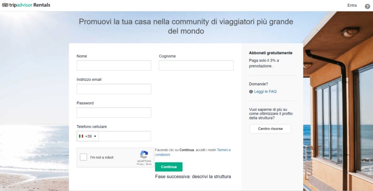 Screenshot pagina creazione account proprietario di Tripadvisor