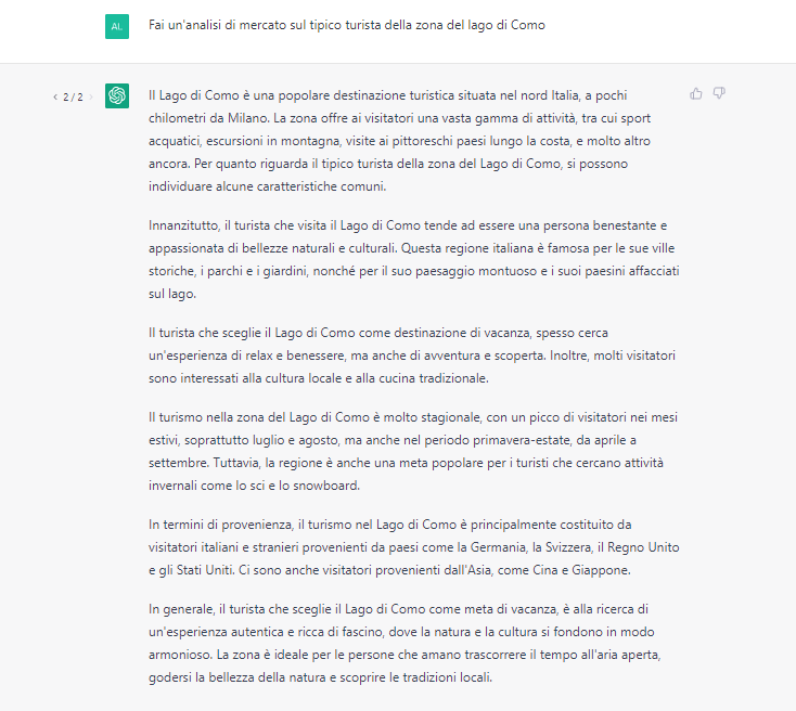 esempio di analisi di mercato del tipico turista del lago di como fatta dalla ChatGPT